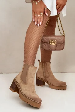 Hot Boto Botki Damskie Ocieplane Na Słupku Eko Zamszowe Beżowe Irissinae