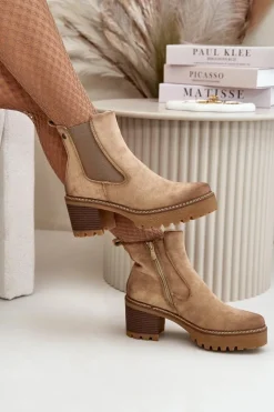 Hot Boto Botki Damskie Ocieplane Na Słupku Eko Zamszowe Beżowe Irissinae