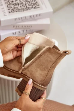 Hot Boto Botki Damskie Ocieplane Na Słupku Eko Zamszowe Beżowe Irissinae