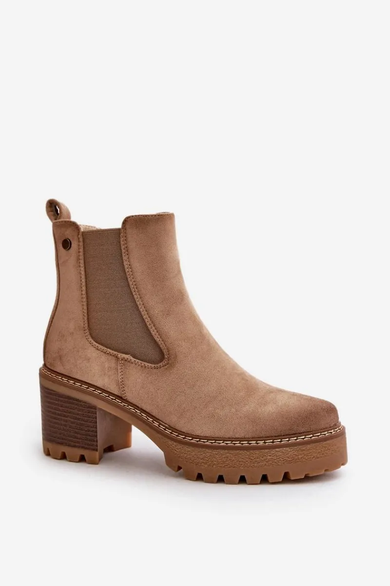 Hot Boto Botki Damskie Ocieplane Na Słupku Eko Zamszowe Beżowe Irissinae