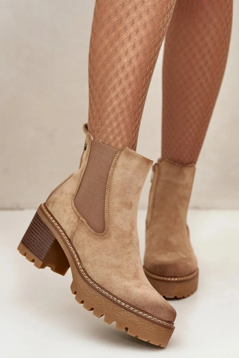 Hot Boto Botki Damskie Ocieplane Na Słupku Eko Zamszowe Beżowe Irissinae