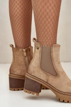 Hot Boto Botki Damskie Ocieplane Na Słupku Eko Zamszowe Beżowe Irissinae