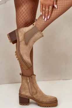 Hot Boto Botki Damskie Ocieplane Na Słupku Eko Zamszowe Beżowe Irissinae