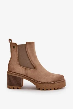 Hot Boto Botki Damskie Ocieplane Na Słupku Eko Zamszowe Beżowe Irissinae