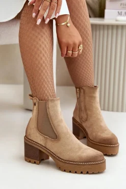 Hot Boto Botki Damskie Ocieplane Na Słupku Eko Zamszowe Beżowe Irissinae