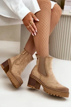 Hot Boto Botki Damskie Ocieplane Na Słupku Eko Zamszowe Beżowe Irissinae