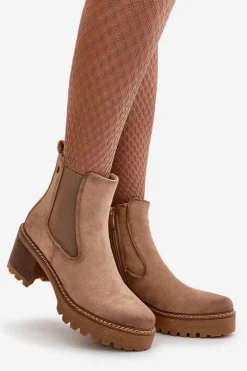 Hot Boto Botki Damskie Ocieplane Na Słupku Eko Zamszowe Beżowe Irissinae