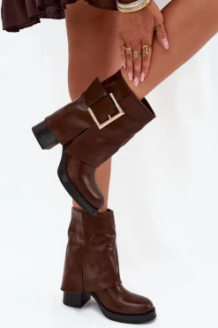 Botki Ocieplane|Botki Na Słupku>Boto Botki Damskie Ocieplane Na Słupku Ze Złotą Klamrą Brązowe Milira Brązowy