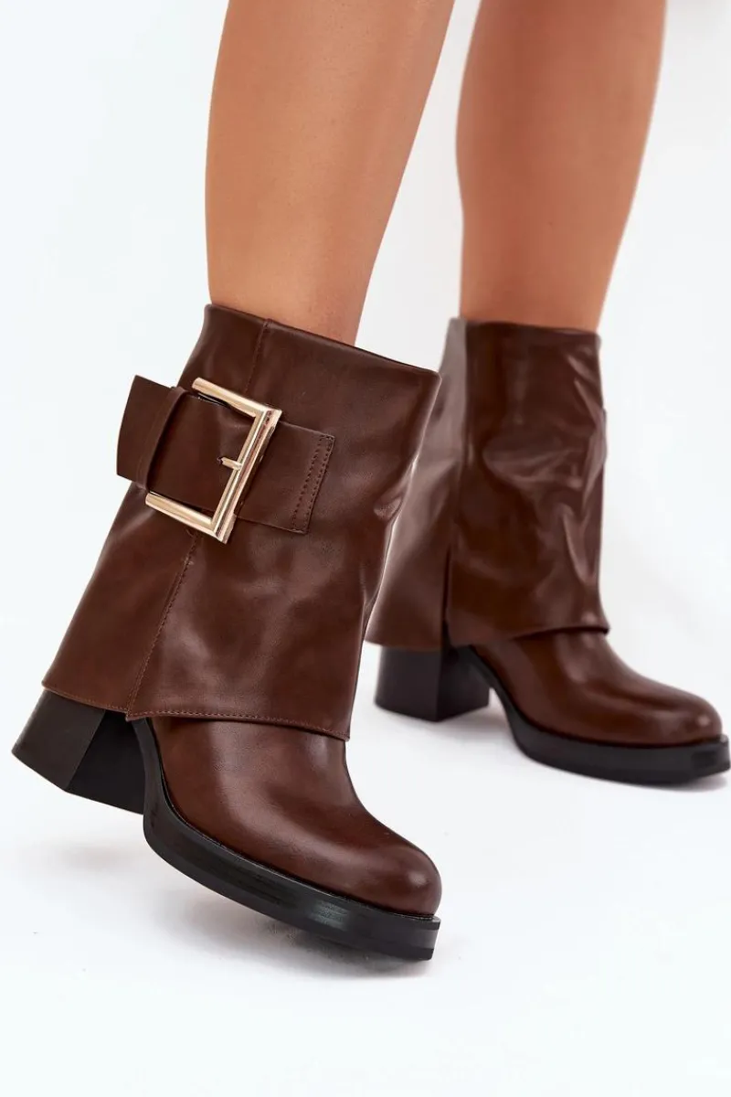 Botki Ocieplane|Botki Na Słupku>Boto Botki Damskie Ocieplane Na Słupku Ze Złotą Klamrą Brązowe Milira Brązowy