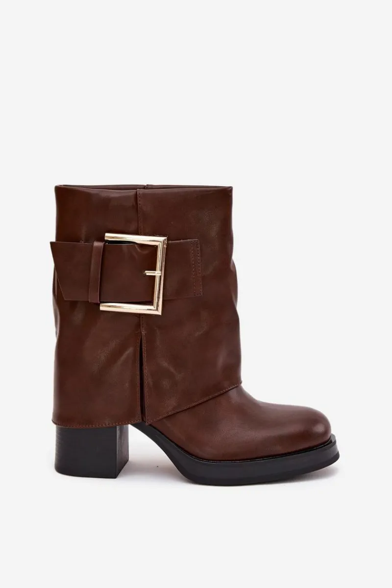 Botki Ocieplane|Botki Na Słupku>Boto Botki Damskie Ocieplane Na Słupku Ze Złotą Klamrą Brązowe Milira Brązowy