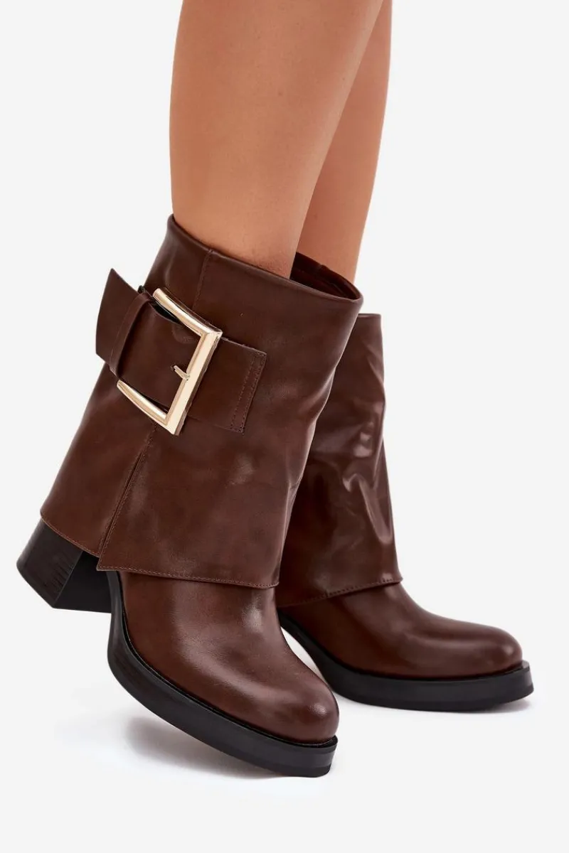 Botki Ocieplane|Botki Na Słupku>Boto Botki Damskie Ocieplane Na Słupku Ze Złotą Klamrą Brązowe Milira Brązowy