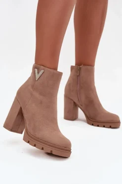 Botki Ocieplane|Czarne Botki>Boto Botki Damskie Ocieplane Na Słupku Z Ozdobnym Detalem Beżowe Briella