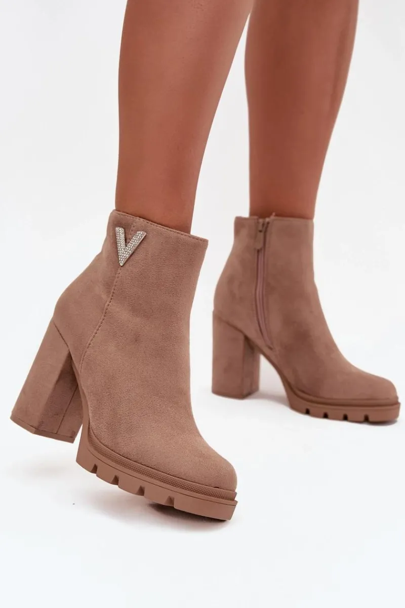 Botki Ocieplane|Czarne Botki>Boto Botki Damskie Ocieplane Na Słupku Z Ozdobnym Detalem Beżowe Briella