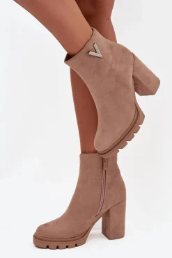 Botki Ocieplane|Czarne Botki>Boto Botki Damskie Ocieplane Na Słupku Z Ozdobnym Detalem Beżowe Briella