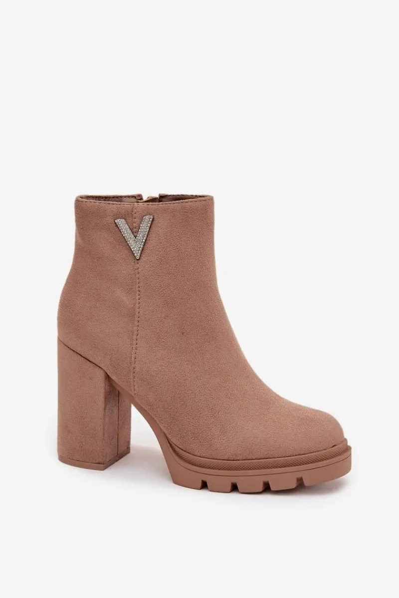 Botki Ocieplane|Czarne Botki>Boto Botki Damskie Ocieplane Na Słupku Z Ozdobnym Detalem Beżowe Briella