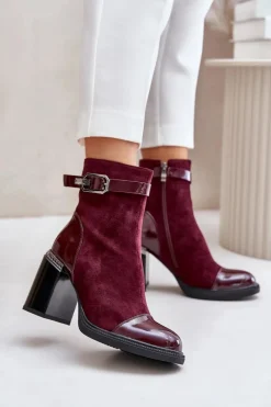 Sale Botki Damskie Ocieplane Na Obcasie Słupku Z Ozdobną Klamrą D&A MR880-085 Bordowe Damskie Botki Na Słupku|Czarne Botki