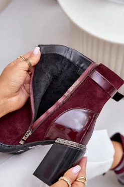 Sale Botki Damskie Ocieplane Na Obcasie Słupku Z Ozdobną Klamrą D&A MR880-085 Bordowe Damskie Botki Na Słupku|Czarne Botki