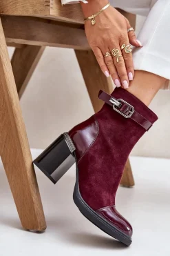 Sale Botki Damskie Ocieplane Na Obcasie Słupku Z Ozdobną Klamrą D&A MR880-085 Bordowe Damskie Botki Na Słupku|Czarne Botki