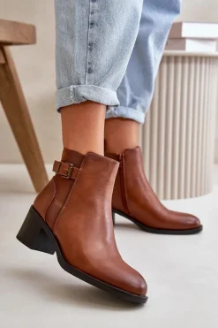 Brązowe I Beżowe Botki|Botki Na Obcasie>Boto Botki Damskie Ocieplane Na Słupku Z Klamrą Camel Nevillira