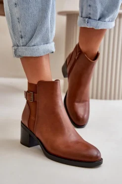 Brązowe I Beżowe Botki|Botki Na Obcasie>Boto Botki Damskie Ocieplane Na Słupku Z Klamrą Camel Nevillira