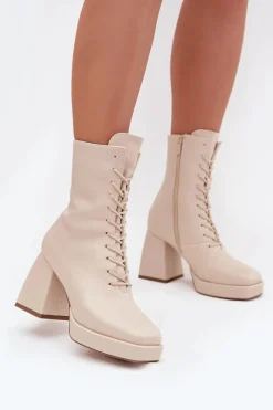Botki Ocieplane|Botki Na Słupku>Boto Botki Damskie Ocieplane Na Słupku Ze Sznurowaniem Jasnobeżowe Juvina Beżowy