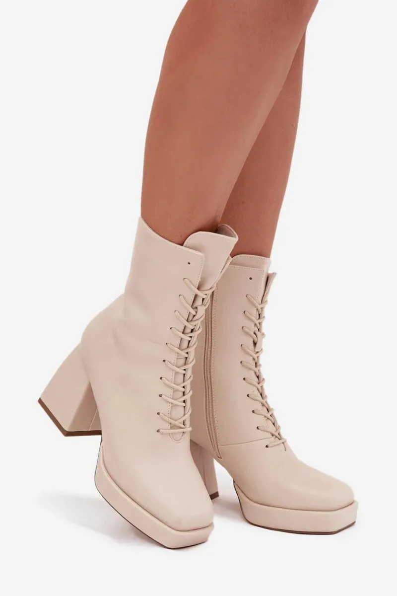 Botki Ocieplane|Botki Na Słupku>Boto Botki Damskie Ocieplane Na Słupku Ze Sznurowaniem Jasnobeżowe Juvina Beżowy