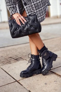 Discount Boto Botki Damskie Ocieplane Na Platformie z Nerką Czarne Tension