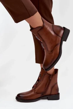 Botki Damskie Ocieplane Na Niskim Obcasie Z Ozdobami Brązowe Tavressa Damskie Botki Ocieplane|Czarne Botki