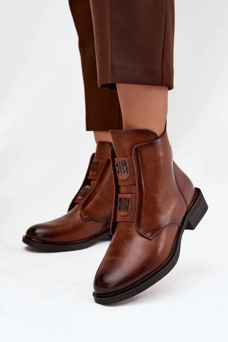 Botki Damskie Ocieplane Na Niskim Obcasie Z Ozdobami Brązowe Tavressa Damskie Botki Ocieplane|Czarne Botki