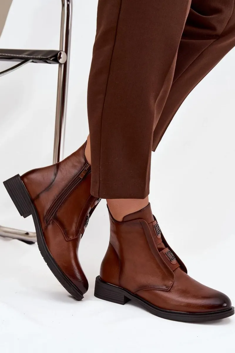 Botki Damskie Ocieplane Na Niskim Obcasie Z Ozdobami Brązowe Tavressa Damskie Botki Ocieplane|Czarne Botki