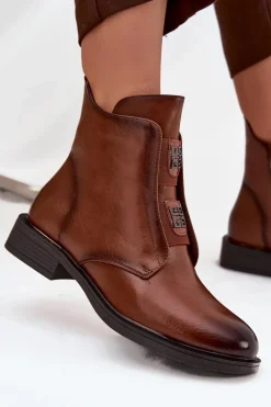 Botki Damskie Ocieplane Na Niskim Obcasie Z Ozdobami Brązowe Tavressa Damskie Botki Ocieplane|Czarne Botki