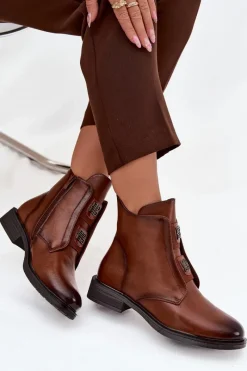 Botki Damskie Ocieplane Na Niskim Obcasie Z Ozdobami Brązowe Tavressa Damskie Botki Ocieplane|Czarne Botki