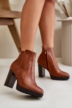 Botki Ocieplane|Czarne Botki>Boto Botki Damskie Ocieplane Na Wysokim Słupku Zapinane Na Zamek Camel Bioria Brązowy