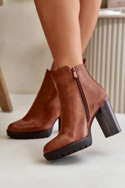 Botki Ocieplane|Czarne Botki>Boto Botki Damskie Ocieplane Na Wysokim Słupku Zapinane Na Zamek Camel Bioria Brązowy