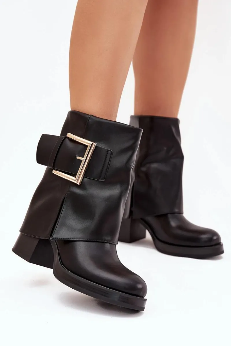 Hot Boto Botki Damskie Ocieplane Na Słupku Ze Złotą Klamrą Czarne Milira