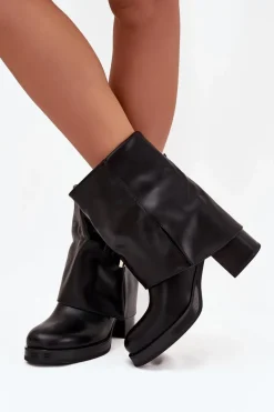 Hot Boto Botki Damskie Ocieplane Na Słupku Ze Złotą Klamrą Czarne Milira