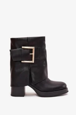 Hot Boto Botki Damskie Ocieplane Na Słupku Ze Złotą Klamrą Czarne Milira