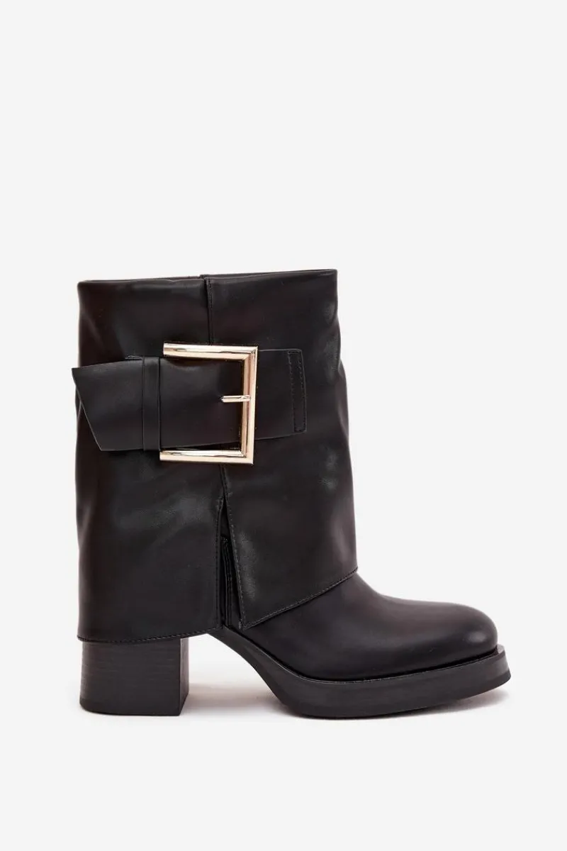 Hot Boto Botki Damskie Ocieplane Na Słupku Ze Złotą Klamrą Czarne Milira