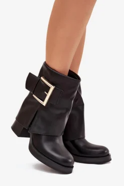 Hot Boto Botki Damskie Ocieplane Na Słupku Ze Złotą Klamrą Czarne Milira