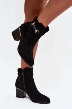 Boto Botki Damskie Ocieplane Na Słupku Z Ozdobnym Paskiem Czarne Galissa Czarny
