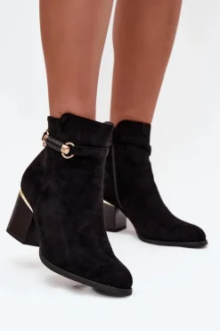 Boto Botki Damskie Ocieplane Na Słupku Z Ozdobnym Paskiem Czarne Galissa Czarny