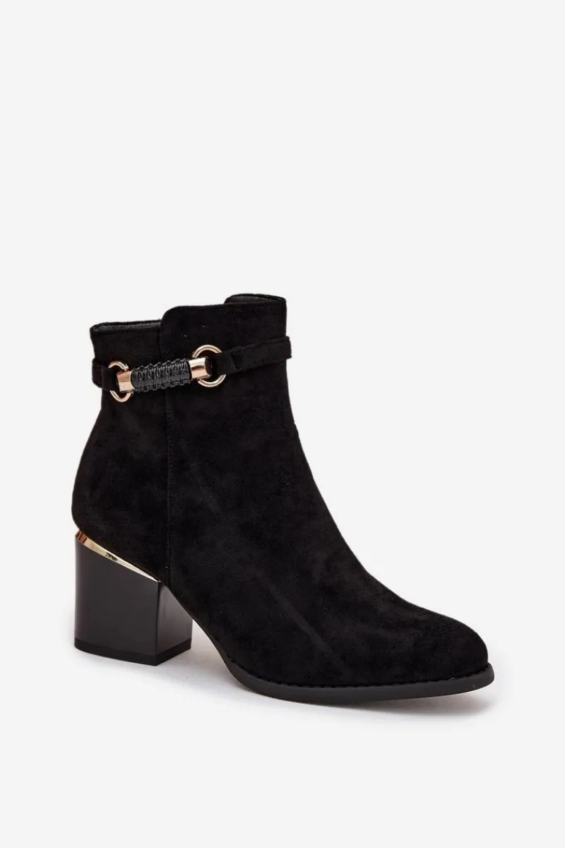 Boto Botki Damskie Ocieplane Na Słupku Z Ozdobnym Paskiem Czarne Galissa Czarny