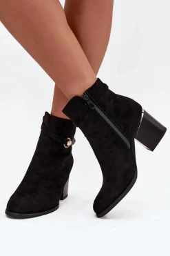 Boto Botki Damskie Ocieplane Na Słupku Z Ozdobnym Paskiem Czarne Galissa Czarny