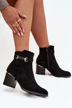 Boto Botki Damskie Ocieplane Na Słupku Z Ozdobnym Paskiem Czarne Galissa Czarny