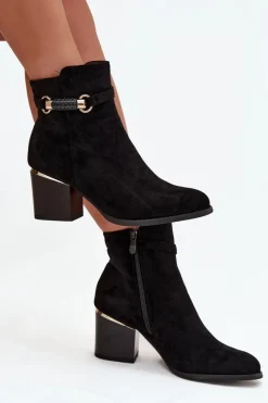 Boto Botki Damskie Ocieplane Na Słupku Z Ozdobnym Paskiem Czarne Galissa Czarny