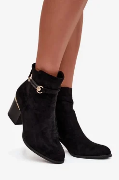 Boto Botki Damskie Ocieplane Na Słupku Z Ozdobnym Paskiem Czarne Galissa Czarny