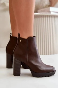 Clearance Boto Botki Damskie Ocieplane Na Wysokim Słupku Zapinane Na Zamek Ciemnobrązowe Bioria