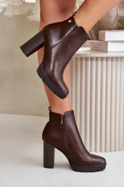 Clearance Boto Botki Damskie Ocieplane Na Wysokim Słupku Zapinane Na Zamek Ciemnobrązowe Bioria