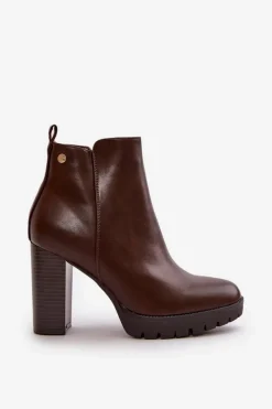 Clearance Boto Botki Damskie Ocieplane Na Wysokim Słupku Zapinane Na Zamek Ciemnobrązowe Bioria