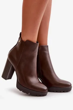 Clearance Boto Botki Damskie Ocieplane Na Wysokim Słupku Zapinane Na Zamek Ciemnobrązowe Bioria